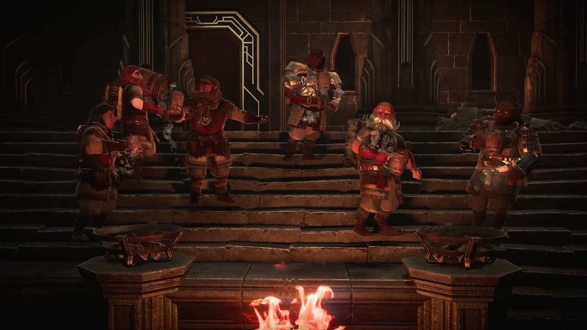 Dwarves standing on the stairs of Moria with beer mugs in hands in The Lord of the Rings: Return to Moria