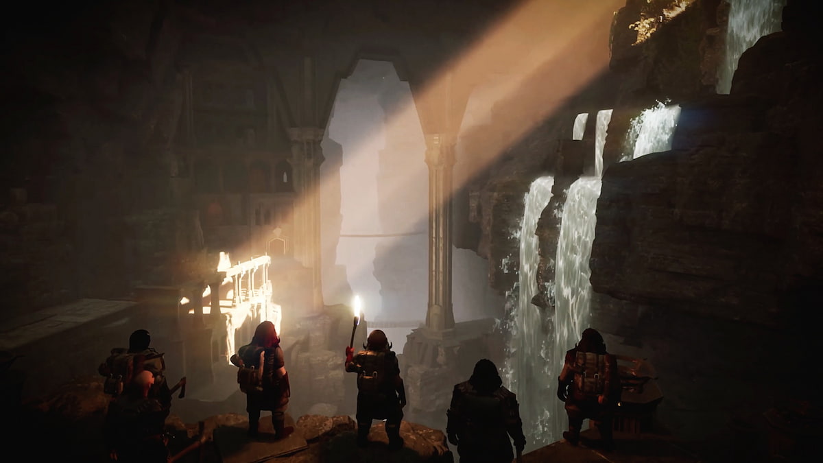 Four dwarves standing in the halls of Moria in The Lord of the Rings: Return to Moria