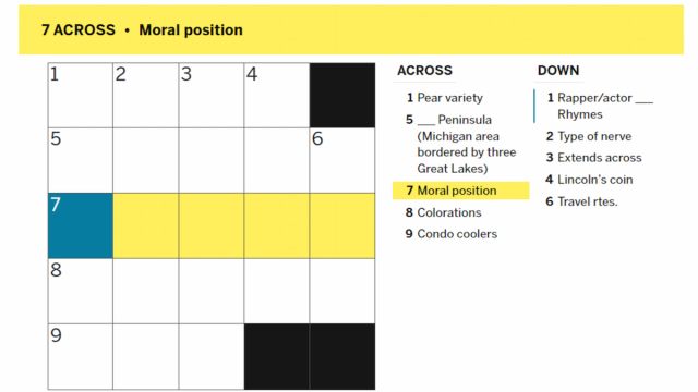 The Aug. 7 LA Times Mini Crossword with moral position highlighted.