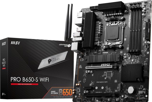 MSI Pro B650-S WiFi motherboard with its box packaging