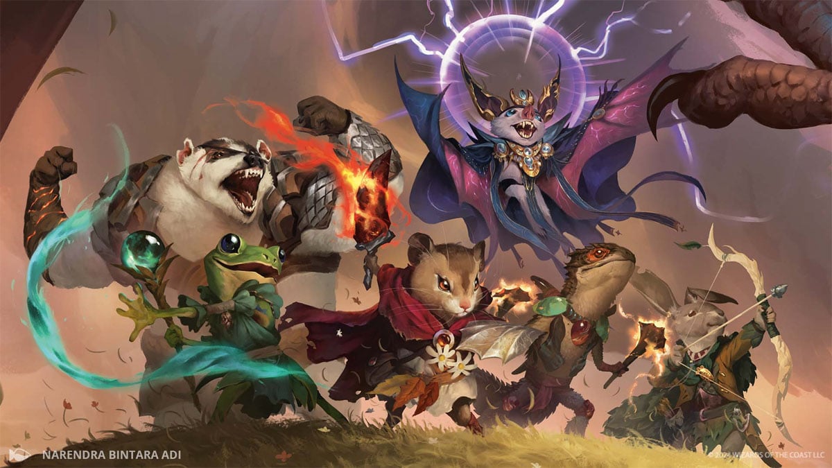 An assortment of small creatures attack as one in the Bloomburrow main art in MTG.