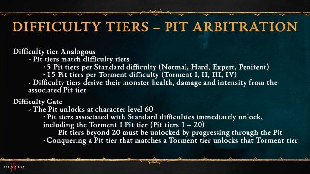 A page detailing the new difficulties and tiers for the pit in diablo 4