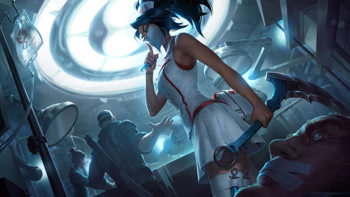 Nurse Akali from League of Legends shoosh a bound doctor while she sneaks up on a surgery team with one of her assassin weapons in-hand.