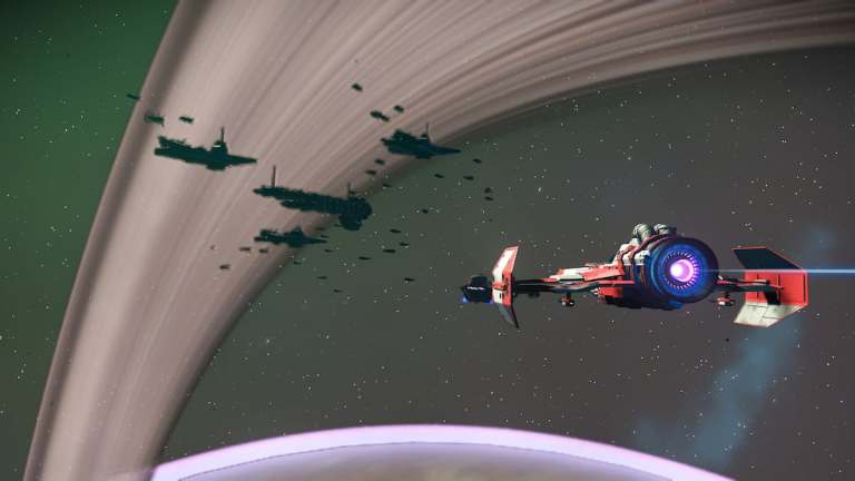 Starship flying towards a freighter fleet in No Man's Sky