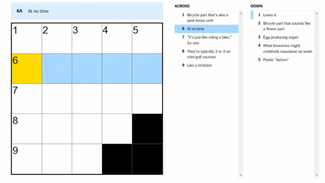 The At no time hint marked on the NYT Mini Crossword.