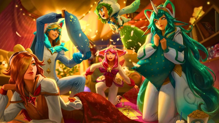 Soraka, Miss Fortune, Ezreal, Lux, and Lulu wearing white and colored onesies for the league of legends pajama party skin line