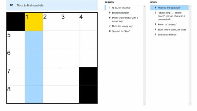 The Aug. 8 NYT Mini Crossword with the "Place to find seashells" clue highlighted.