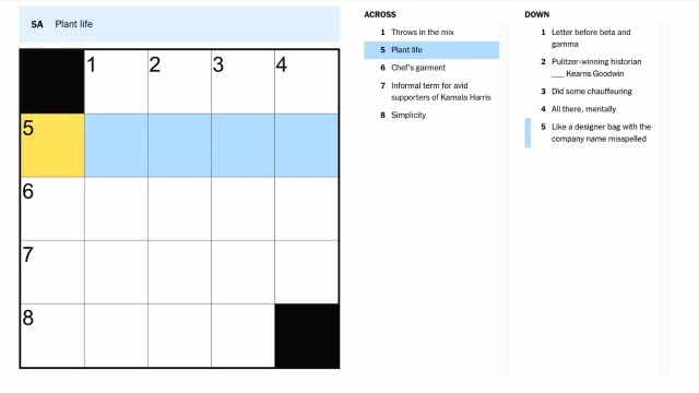 the clue, plant life, highlighted in blue and yellow on the aug 12 mini crossword puzzle