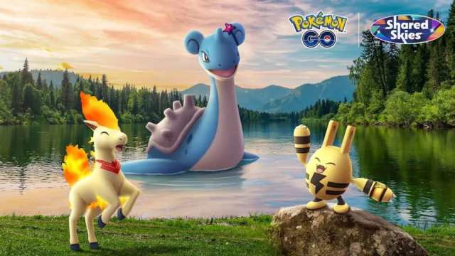 Pokemon ogether for one final event in pokemon go shows lapras ponyta and elekid havingf un near a lake