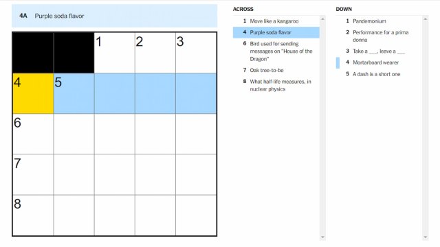 The Purple soda flavor hint on the Aug. 9 NYT Mini Crossword highlighted.