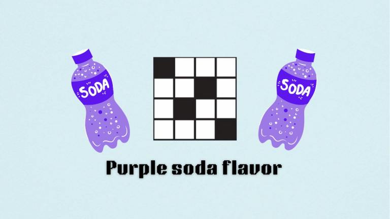 A crossword with two purple sodas on either side of it and the text Purple soda flavor for the NYT Mini.