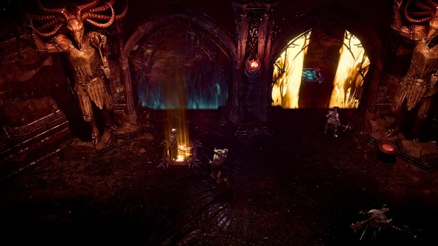 A player standing on a glowing platform in a puzzle room in the Dark Citadel in Diablo 4