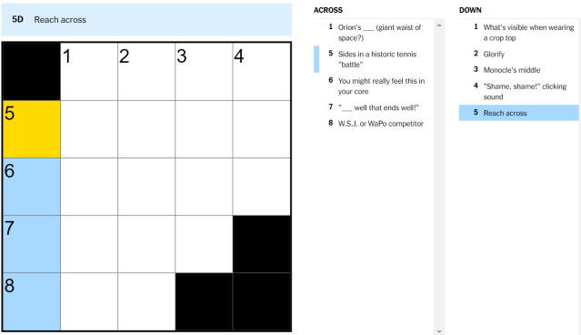 Reach across nyt mini crossword table. Five down