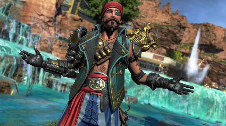 Fuse from Apex Legends, who is dressed as a pirate with a red bandana and a green-blue vest, shrugs his shoulders in front of a huge mountain line with waterfalls.