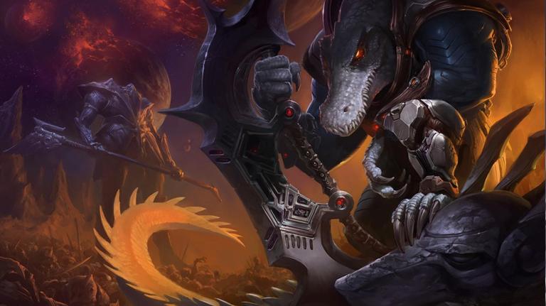 Galactic Renekton stands over a destroyed pillar head of his brother Nasus in League of Legends. He's holding a huge futuristic axe and is wearing space armour.