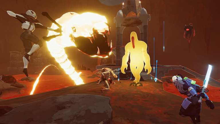 Risk of Rain 2 Seekers of the Storm screenshot featuring players in the lava environment fighting a lava snake and a yeti-like creature