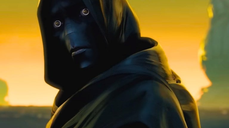 A robot wearing a hooded cape against a yellow background in Secret Level.