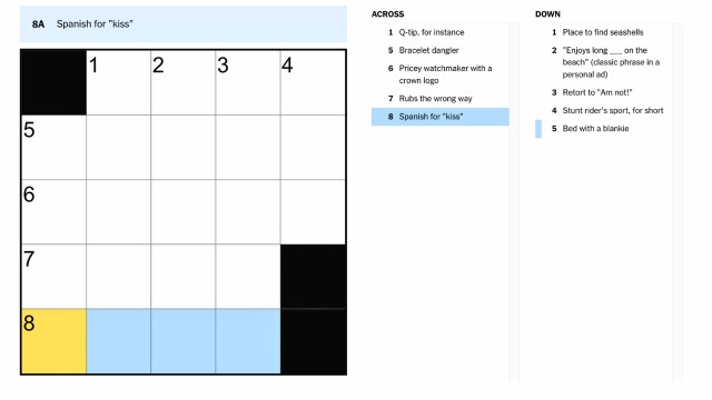 the clue, spanish for kiss, highlighted in blue and yellow on the aug. 8 nyt mini crossword puzzle.