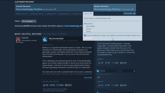 Steam store's new helpfulness system toggle for user reviews