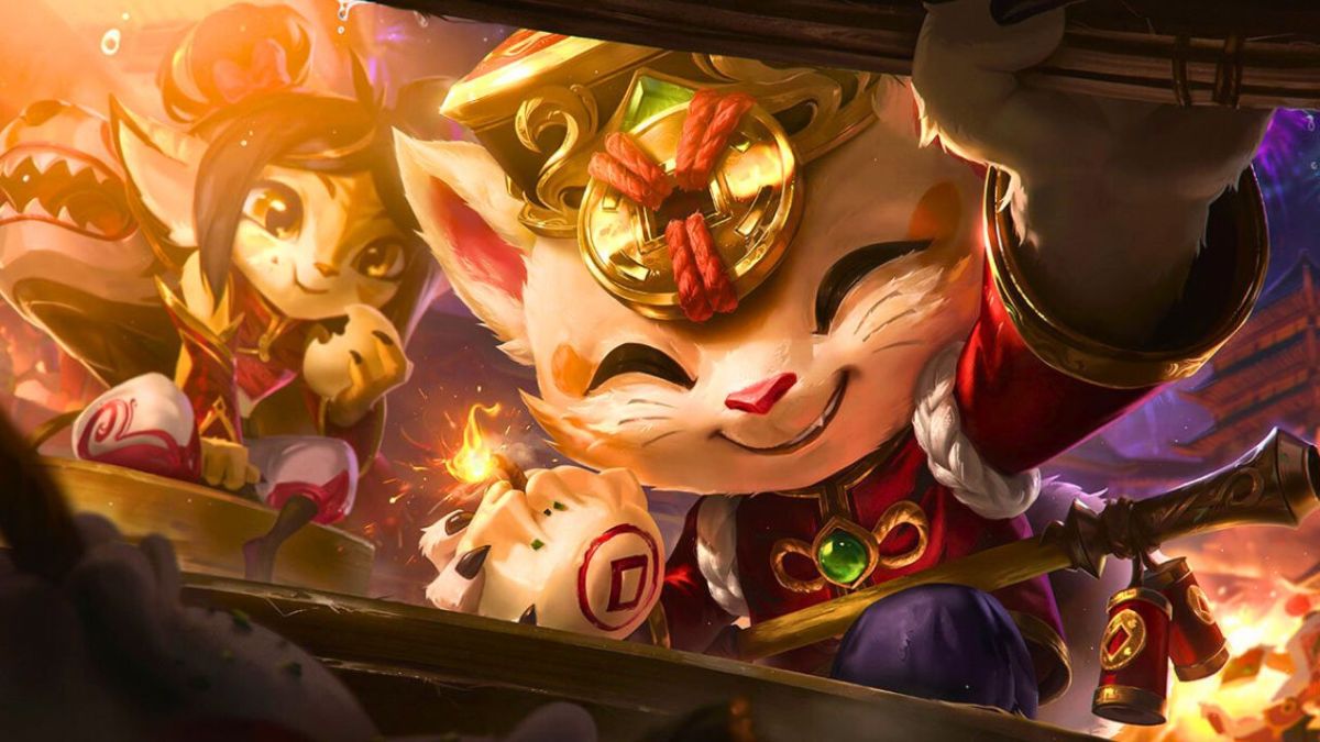 teemo and tristana opening a chest in their firecracker skins in League