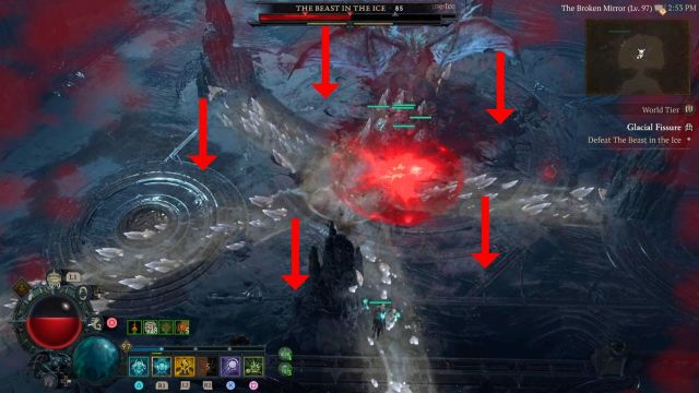 five arrows pointing to the safe zones during the beast in the ice's star-shaped ice attack in diablo 4