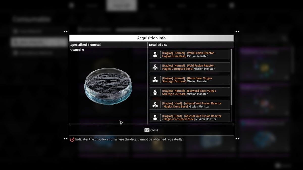 Specialized Biometal acquisition info menu in The First Descendant