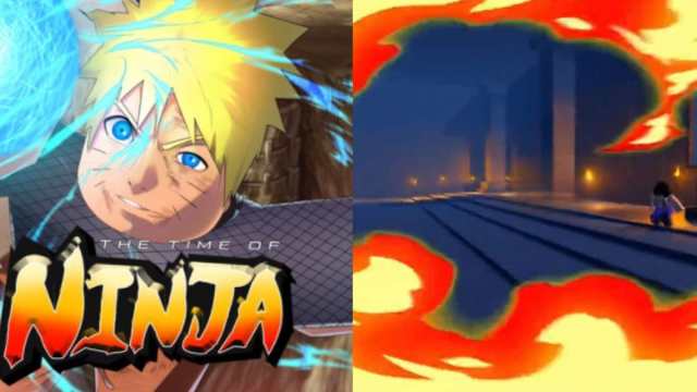 A ninja lunging forward next to another ninja fighting with fire in The Time of Ninja.