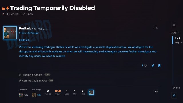 A screenshot of the Diablo 4 trading temporarily disabled message with details of the reason.