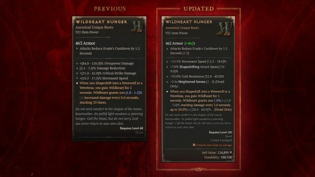 Two cards showcasing the old stats for wildheart hunger and the new stats for wildheart hunger in diablo 4