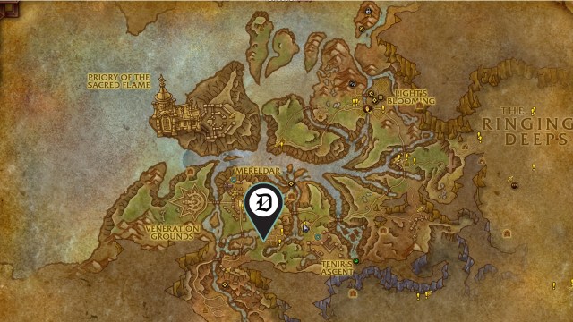 A Dot Esports marker showing the mapped location of the wow the war within mining treasure arathi precision drill