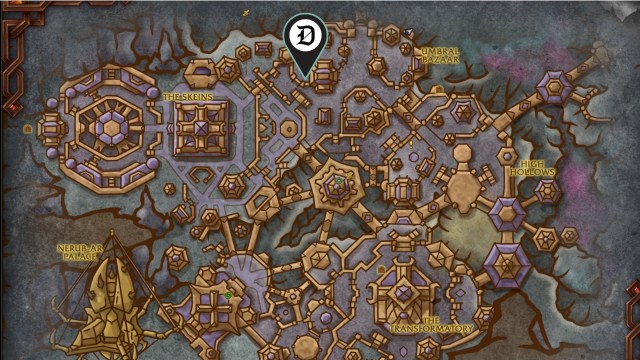 A Dot Esports marker showing the mapped location of the wow the war within mining treasure spider crusher