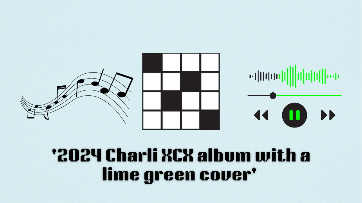 Picture showing the 2024 Charli XCX album with a lime green cover clue cover in NYT Mini Crossword.