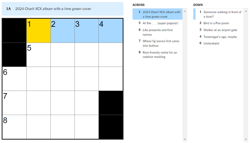 Picture showing the 2024 Charli XCX album with a lime green cover clue in NYT Mini Crossword.