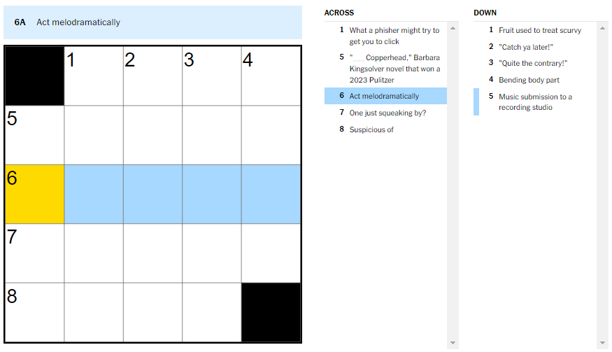 Picture showing the Act melodramatically clue in NYT Mini Crossword.