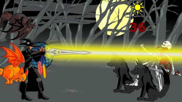 A wizard casting a powerful beam of light at a skeleton from a sword with flying creatures and wolves surrounding them