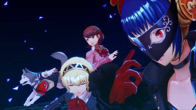 Metis, Aigis, Yukari, and Koromaru start an All-Out Attack. Metis is dressed as Violet from the Phantom Thieves.