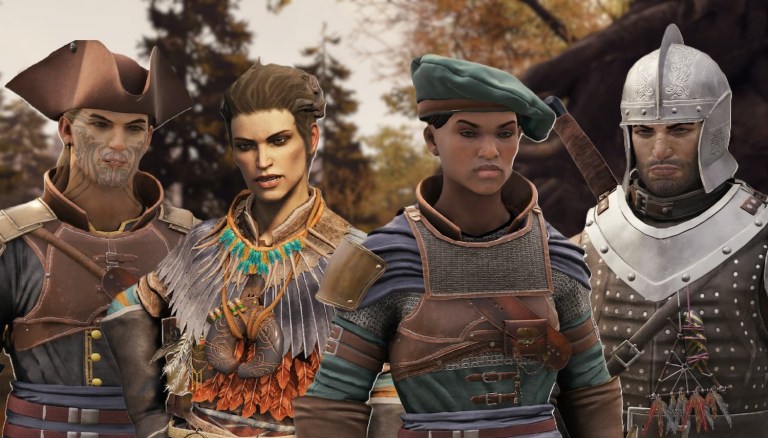 All greedfall romance options, showcasing four characters shoulder to shoulder: Vasco, Siorra, Aphra, and Kurt