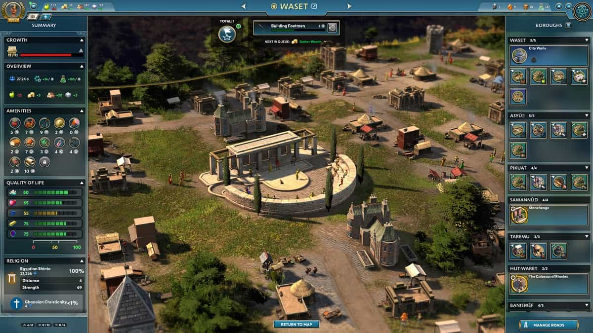 The city management screen showcasing various options in Ara: History Untold