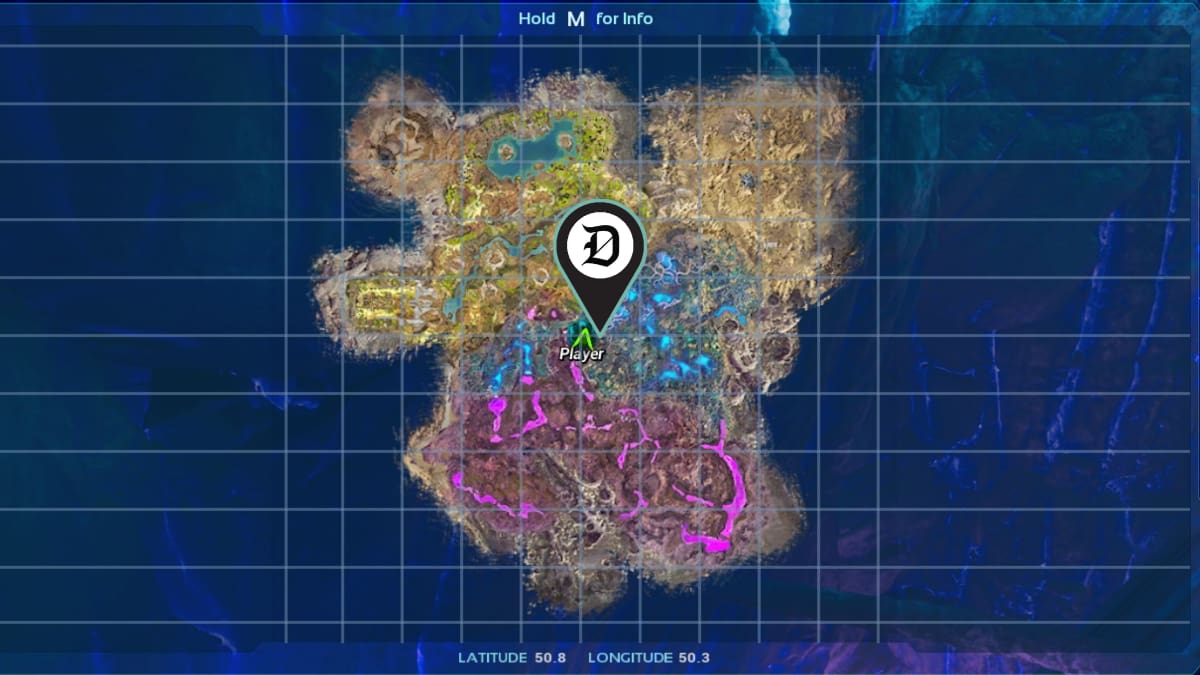 A screenshot of the entire map of Aberration in Ark Survival Ascended with a location marked.