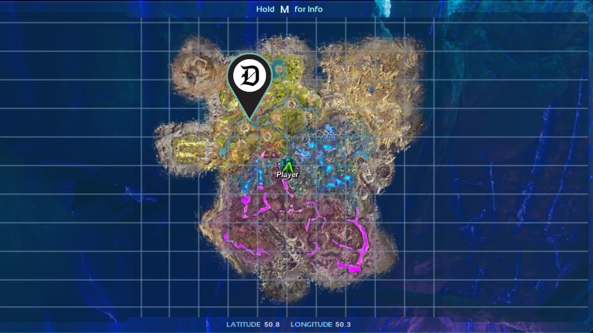 A map of Aberration in Ark Survival Ascended with Yi Ling spawn areas shown on a pin.