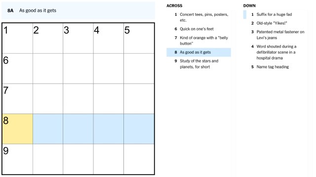 the clue, as good as it gets, highlighted in blue and yellow on the nyt mini crossword puzzle from Sept. 3