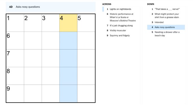 The clue, asks nosy questions, highlighted in blue and yellow on the nyt mini crossword puzzle