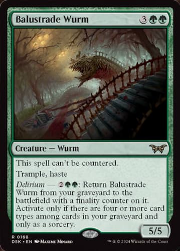 Large wurm with spikes outside haunted house with stairwell and trees in background through Duskmourn MTG Set