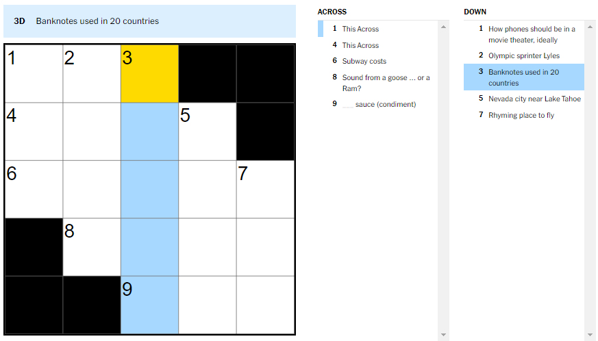 Picture showing the Banknotes used in 20 countries clue in NYT Mini Crossword.