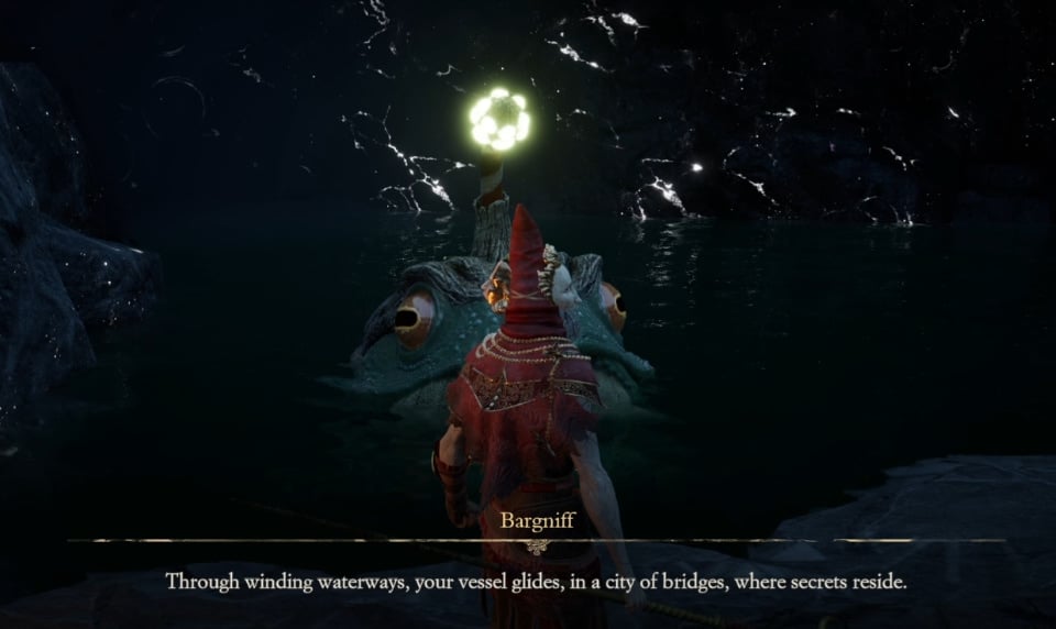 The main character in Enotria: The Last Song wears the Vermiglio Mask in front of a bullfrog-like creature, Bargniff in a dark cave.