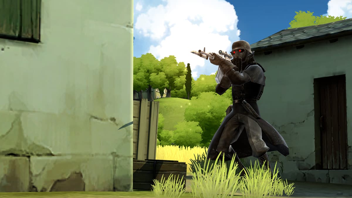 Armored soldier pointing a gun at the player character in a field with houses in the background