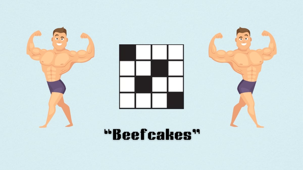 Two muscular men above the clue, beefcakes, from the nyt mini crossword puzzle