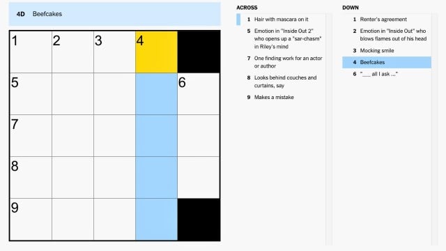 The clue, beefcakes, highlighted in blue and yellow on the nyt mini crossword puzzle