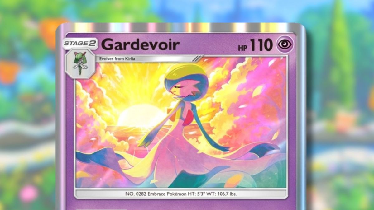 Gardevoir Pokemon TCG Pocket card with anime background.