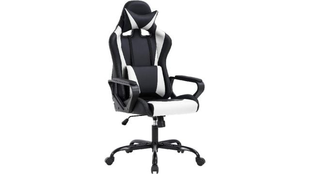 A black and white office chair on wheels.